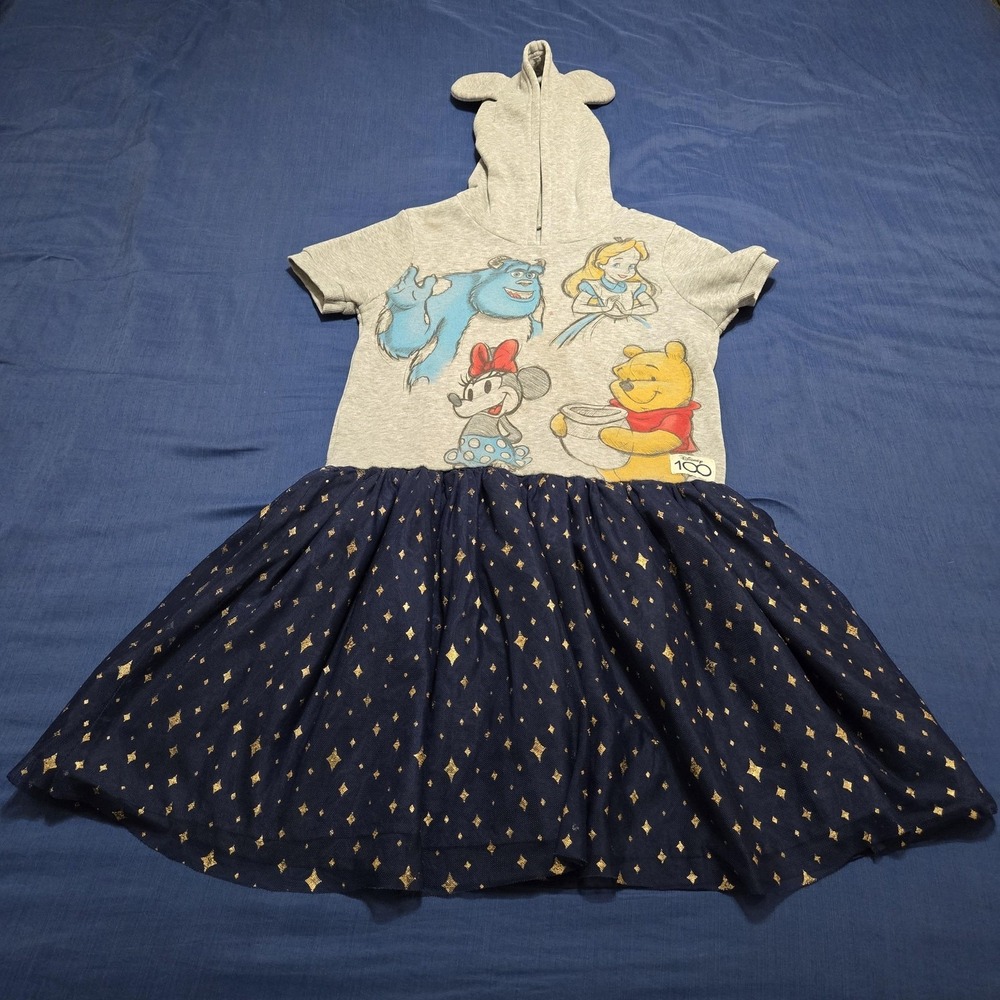 Disney Skater Dress Girls L 10/12 Blue Gray Hooded Fleece Character Knee Length‎